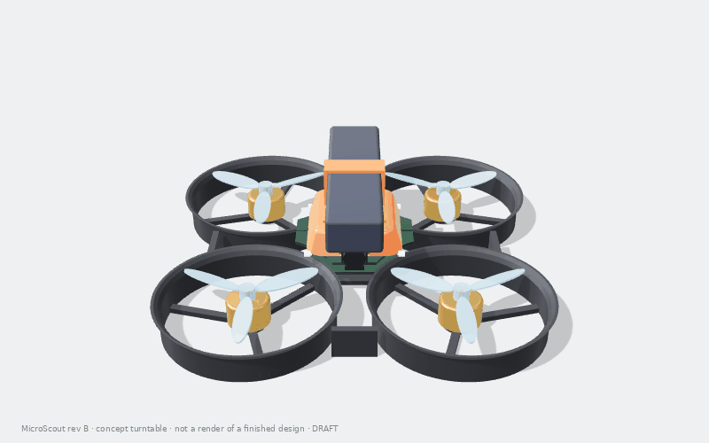 Turntable render of the MicroScout rev B concept: four ducted 2-inch props, an orange TPU canopy and the battery strapped on top. Concept model, not a finished design.