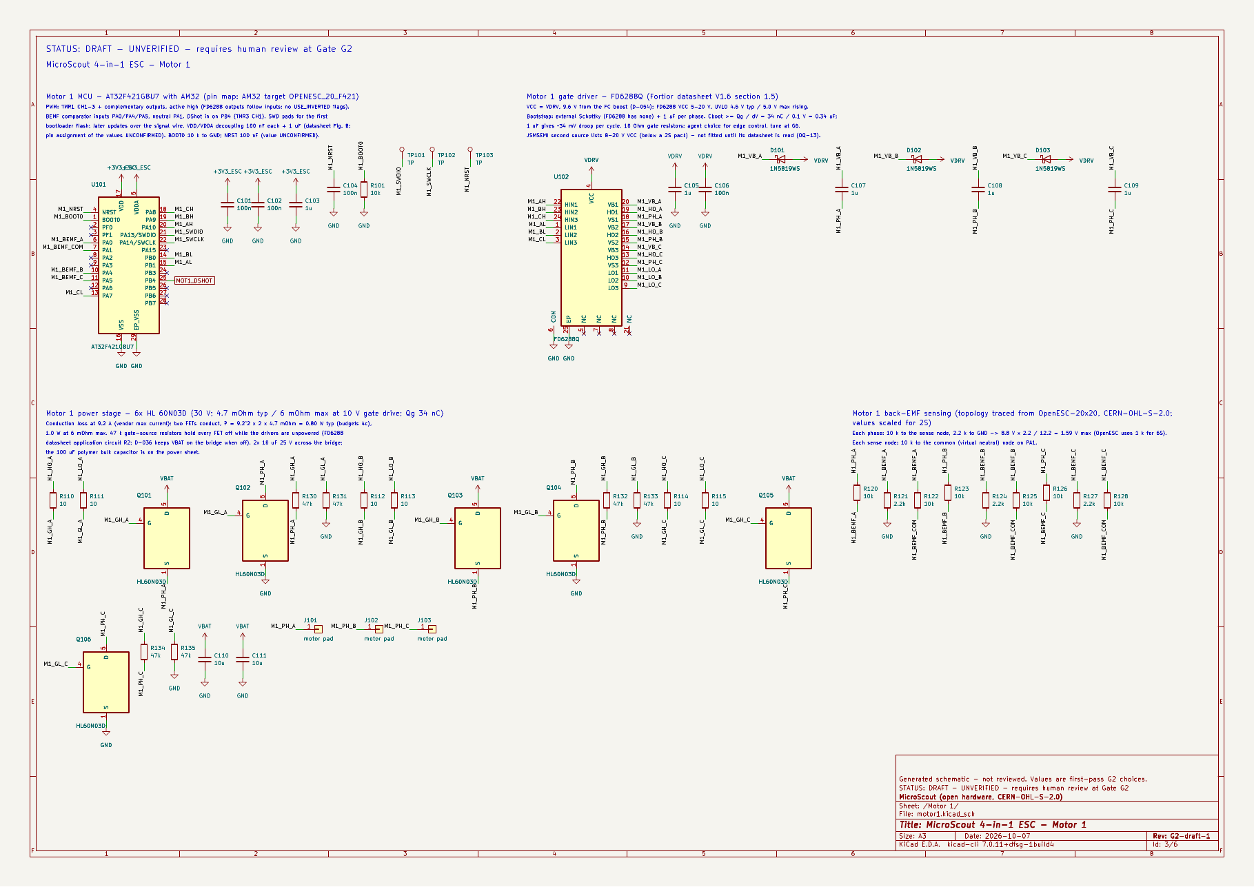ESC motor 1 sheet: AT32F421 MCU with AM32, FD6288Q gate driver, six MOSFETs and back-EMF dividers.