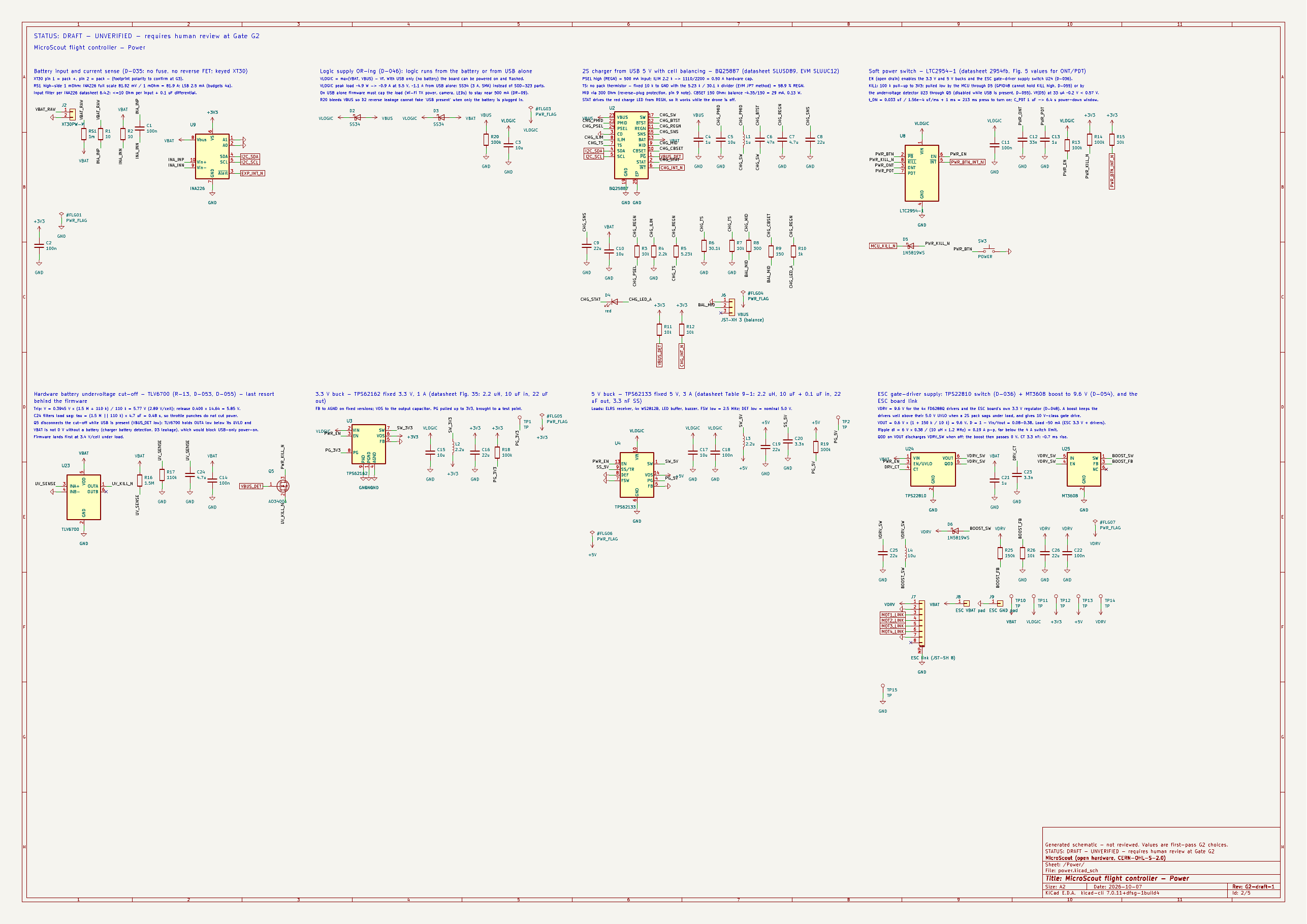 Flight-controller power sheet: charger, soft switch, bucks, undervoltage cut-off and ESC driver supply.